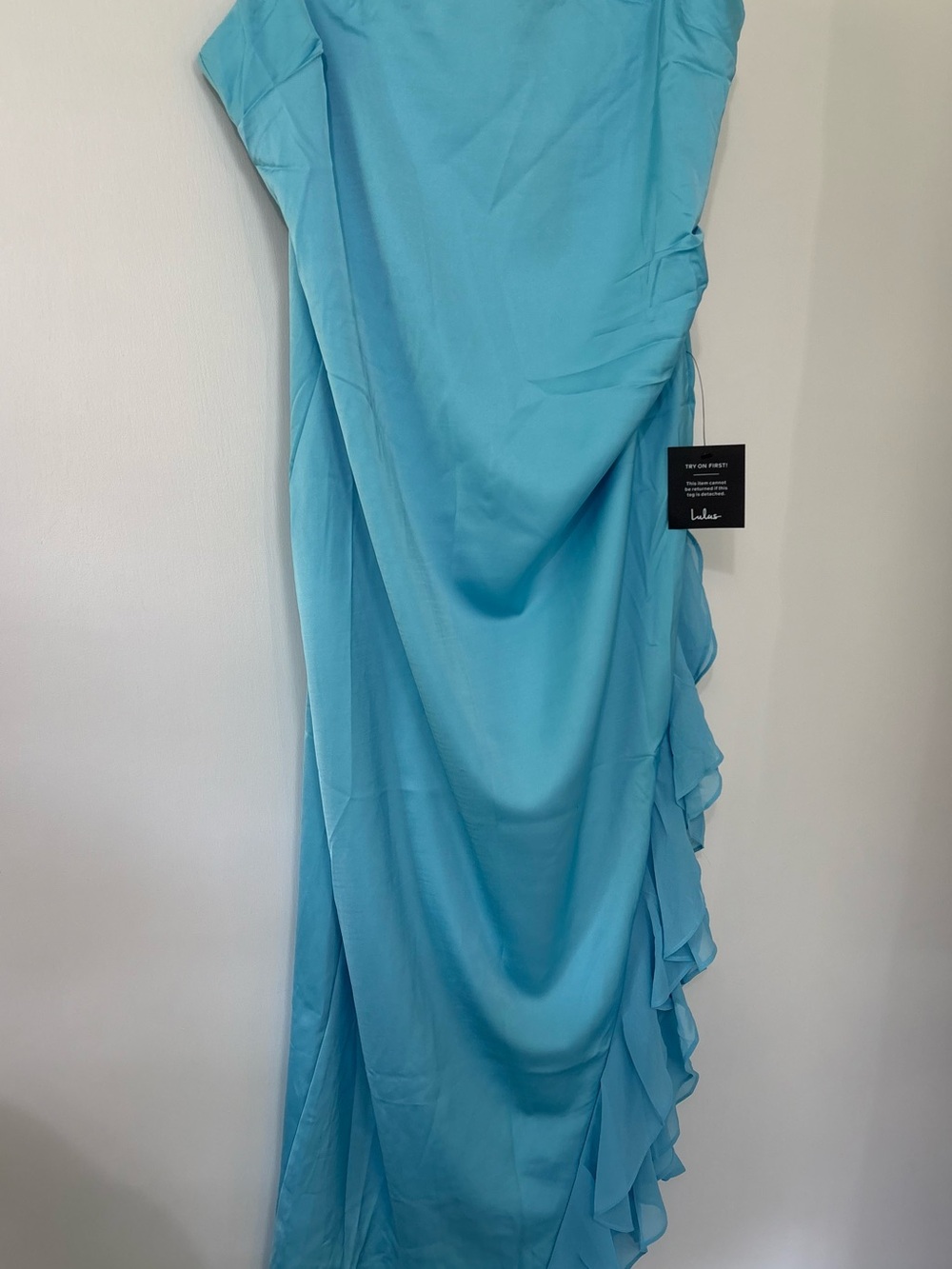 NWT Lulu's XXL Teal/Sky Blue Asymmetrical Ruffle Strapless Maxi Evening Dress